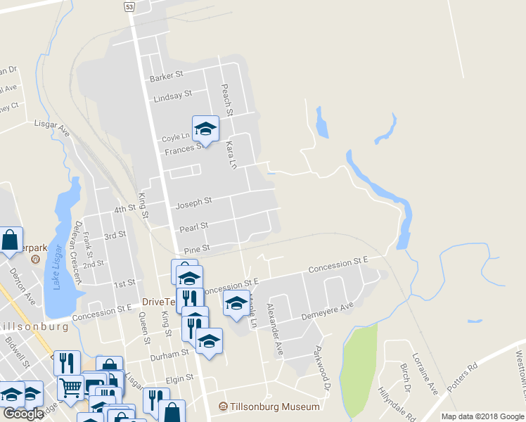 map of restaurants, bars, coffee shops, grocery stores, and more near 76 Pearl Street in Tillsonburg
