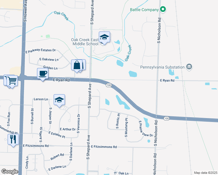 map of restaurants, bars, coffee shops, grocery stores, and more near 1320 East Prairie View Drive in Oak Creek