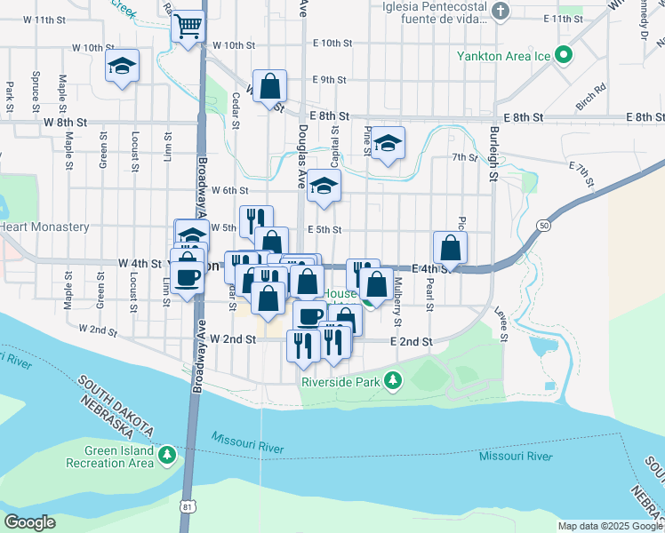 map of restaurants, bars, coffee shops, grocery stores, and more near in Yankton