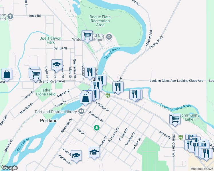 map of restaurants, bars, coffee shops, grocery stores, and more near Portland Riverwalk in Portland