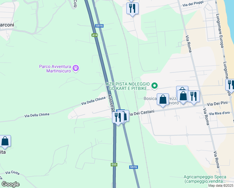 map of restaurants, bars, coffee shops, grocery stores, and more near Strada Statale 16 in Martinsicuro