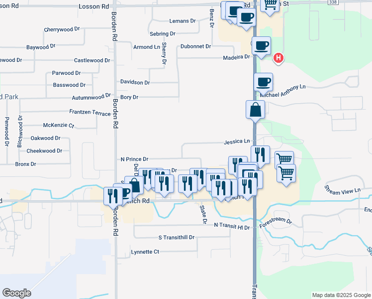 map of restaurants, bars, coffee shops, grocery stores, and more near 102 Jessica Lane in Depew