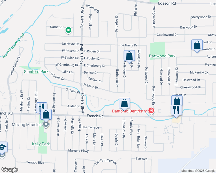 map of restaurants, bars, coffee shops, grocery stores, and more near 129 Denise Drive in Buffalo