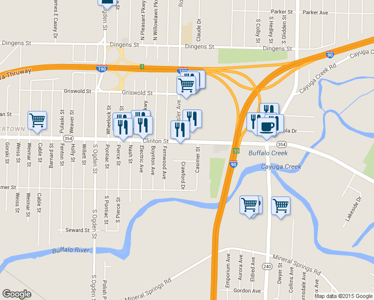 map of restaurants, bars, coffee shops, grocery stores, and more near 2253 Clinton Street in West Seneca