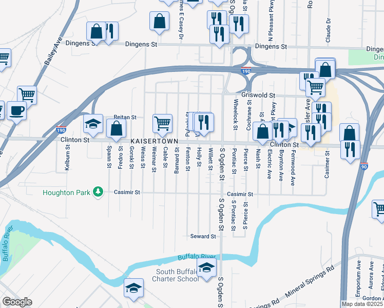 map of restaurants, bars, coffee shops, grocery stores, and more near 1955 Clinton Street in Buffalo