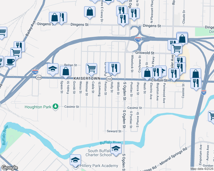 map of restaurants, bars, coffee shops, grocery stores, and more near 1955 Clinton Street in Buffalo