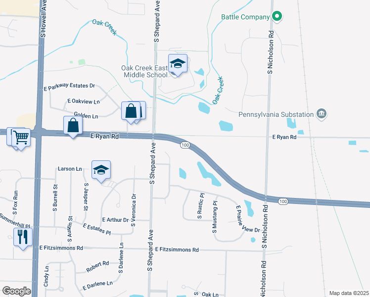map of restaurants, bars, coffee shops, grocery stores, and more near 1320 East Prairie View Drive in Oak Creek