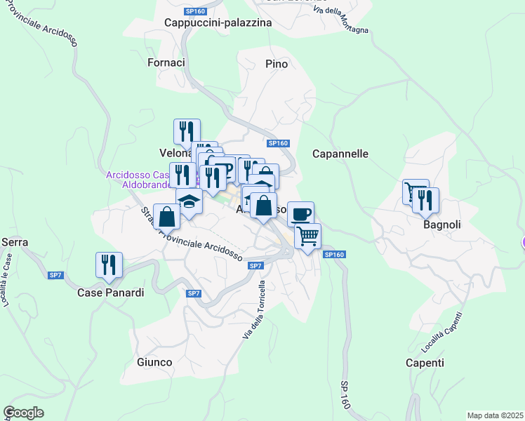 map of restaurants, bars, coffee shops, grocery stores, and more near in Arcidosso