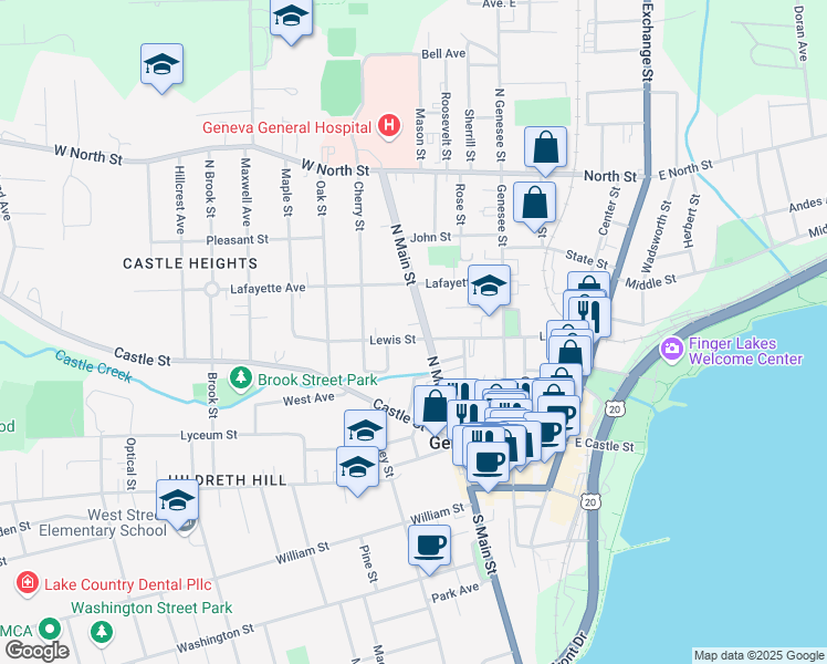 map of restaurants, bars, coffee shops, grocery stores, and more near 134 North Main Street in Geneva