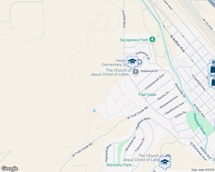 map of restaurants, bars, coffee shops, grocery stores, and more near 1402 De Salle Court in Pocatello