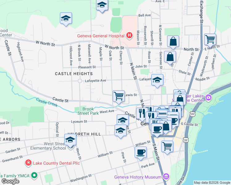 map of restaurants, bars, coffee shops, grocery stores, and more near 121 Oak Street in Geneva