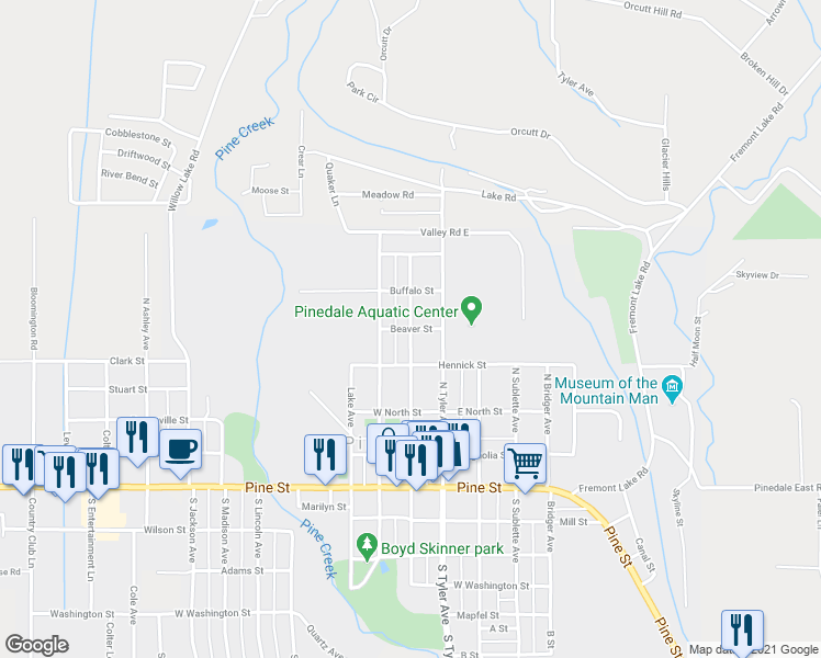 map of restaurants, bars, coffee shops, grocery stores, and more near 56 Beaver Street in Pinedale