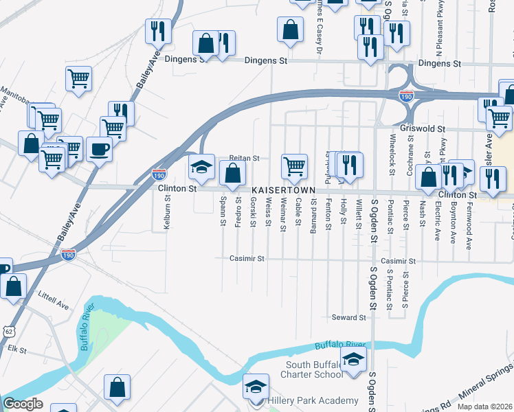 map of restaurants, bars, coffee shops, grocery stores, and more near 1799 Clinton Street in Buffalo