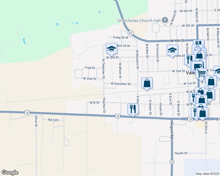 map of restaurants, bars, coffee shops, grocery stores, and more near 831-849 West Donoher Street in Valentine