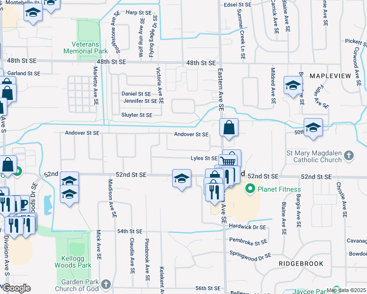 map of restaurants, bars, coffee shops, grocery stores, and more near 716 Andover Street Southeast in Kentwood