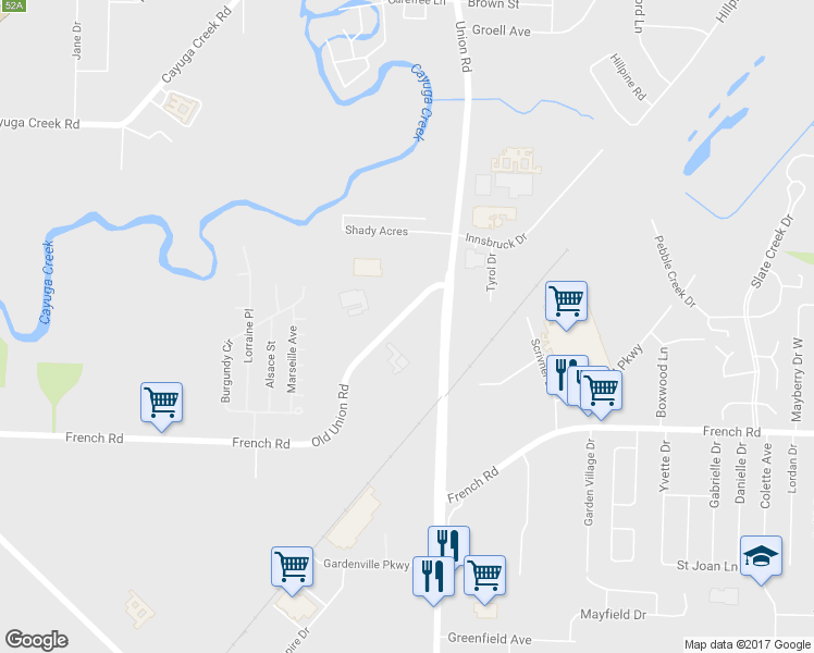map of restaurants, bars, coffee shops, grocery stores, and more near 2163 Old Union Road in Buffalo