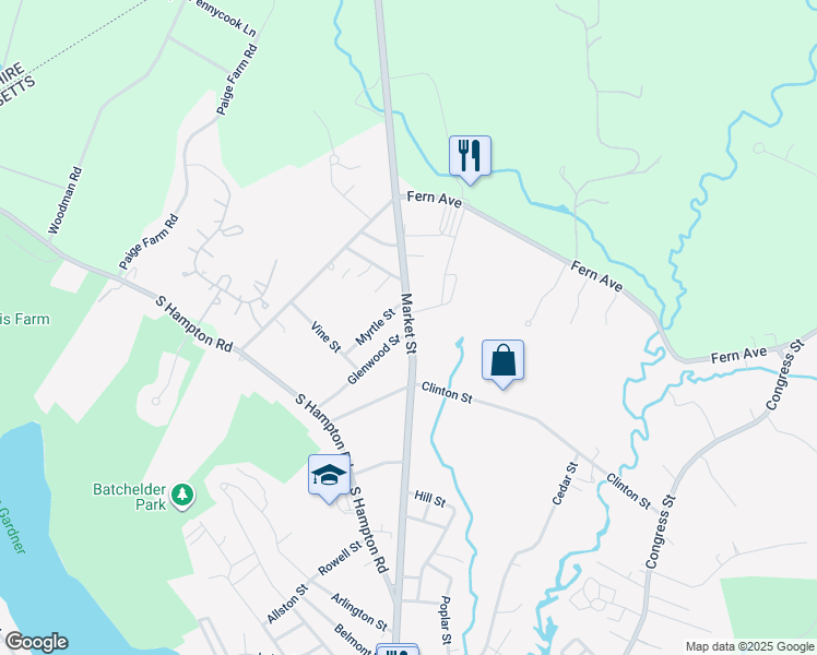 map of restaurants, bars, coffee shops, grocery stores, and more near 198 Market Street in Amesbury
