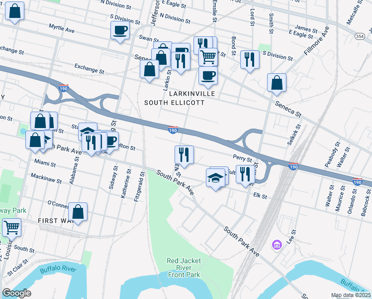 map of restaurants, bars, coffee shops, grocery stores, and more near in Buffalo