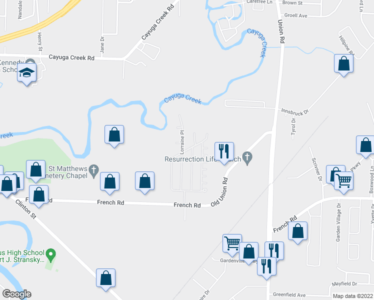 map of restaurants, bars, coffee shops, grocery stores, and more near 41 Lorraine Place in Buffalo