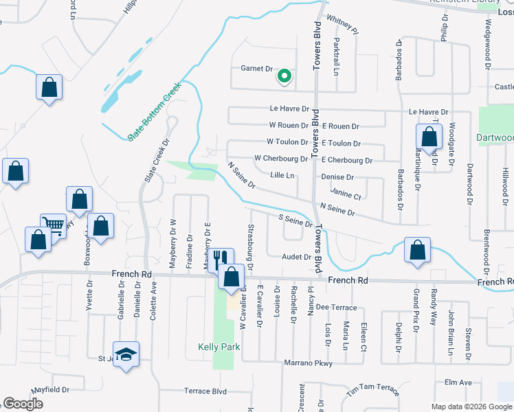 map of restaurants, bars, coffee shops, grocery stores, and more near 176 South Seine Drive in Buffalo