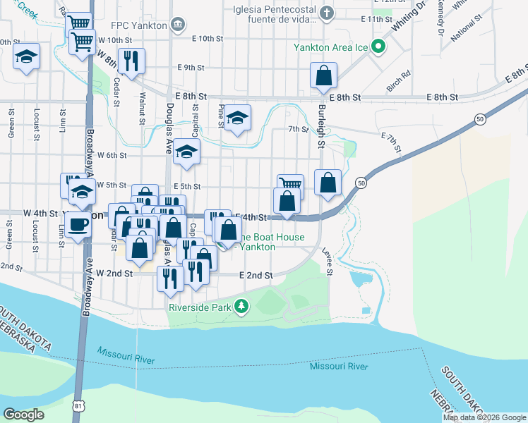 map of restaurants, bars, coffee shops, grocery stores, and more near 499 Pearl St in Yankton