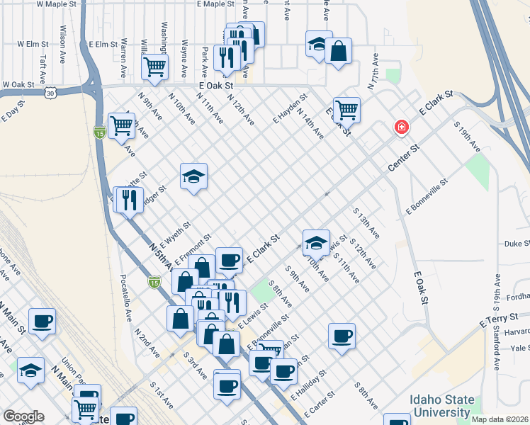 map of restaurants, bars, coffee shops, grocery stores, and more near 1056 East Lander Street in Pocatello