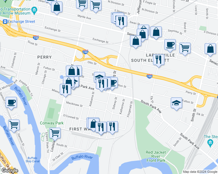 map of restaurants, bars, coffee shops, grocery stores, and more near 270 Hamburg Street in Buffalo
