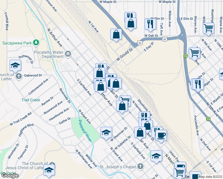map of restaurants, bars, coffee shops, grocery stores, and more near 1304 N Main St in Pocatello