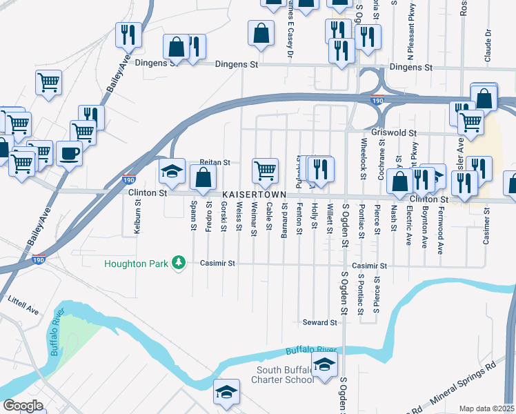 map of restaurants, bars, coffee shops, grocery stores, and more near in Buffalo