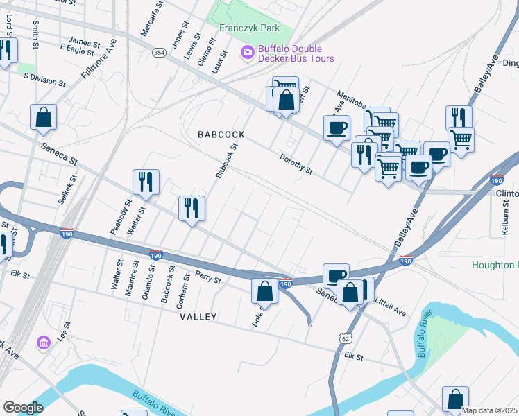 map of restaurants, bars, coffee shops, grocery stores, and more near 141 Milton Street in Buffalo
