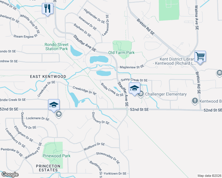 map of restaurants, bars, coffee shops, grocery stores, and more near 2218 Bridle Creek Street Southeast in Kentwood
