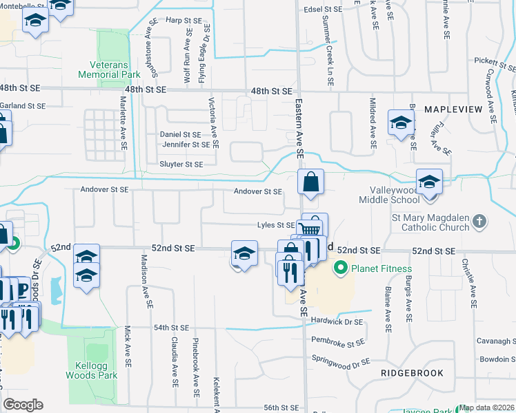 map of restaurants, bars, coffee shops, grocery stores, and more near 716 Andover Street Southeast in Kentwood