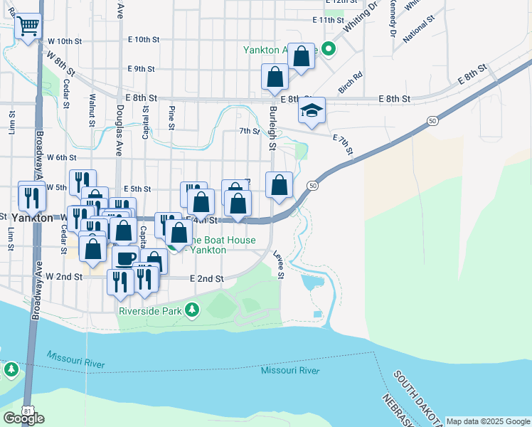 map of restaurants, bars, coffee shops, grocery stores, and more near 405 Burleigh Street in Yankton