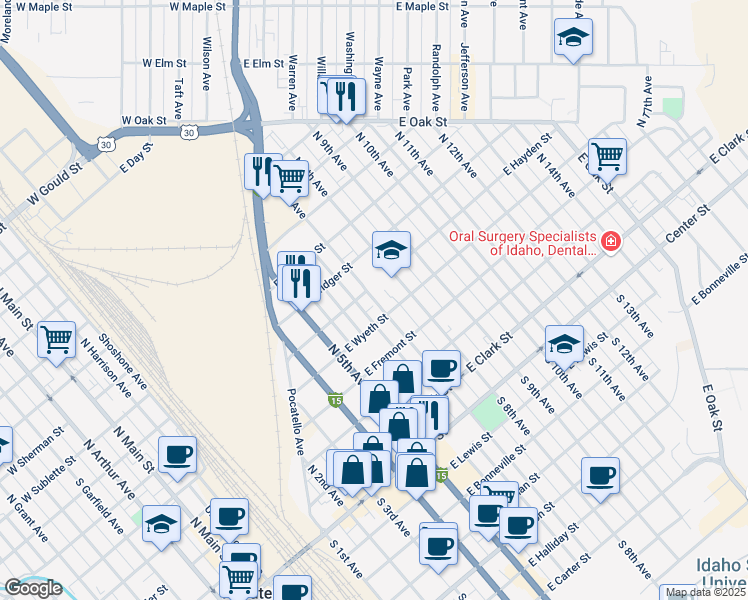 map of restaurants, bars, coffee shops, grocery stores, and more near 585 North 7th Avenue in Pocatello