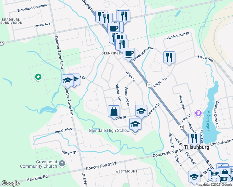map of restaurants, bars, coffee shops, grocery stores, and more near 27 Adams Avenue in Tillsonburg
