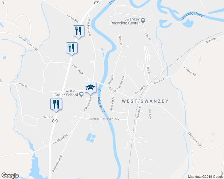map of restaurants, bars, coffee shops, grocery stores, and more near Main Street in Swanzey
