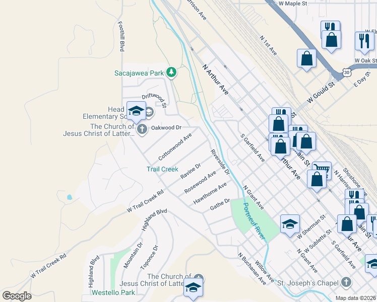 map of restaurants, bars, coffee shops, grocery stores, and more near 68 Maplewood Avenue in Pocatello