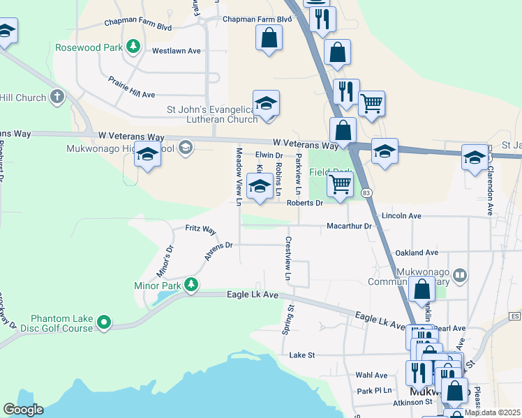 map of restaurants, bars, coffee shops, grocery stores, and more near in Mukwonago