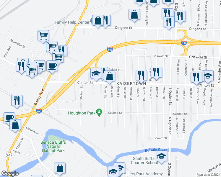 map of restaurants, bars, coffee shops, grocery stores, and more near 130 Fredro Street in Buffalo