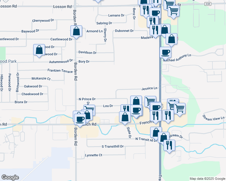 map of restaurants, bars, coffee shops, grocery stores, and more near 102 Jessica Lane in Depew
