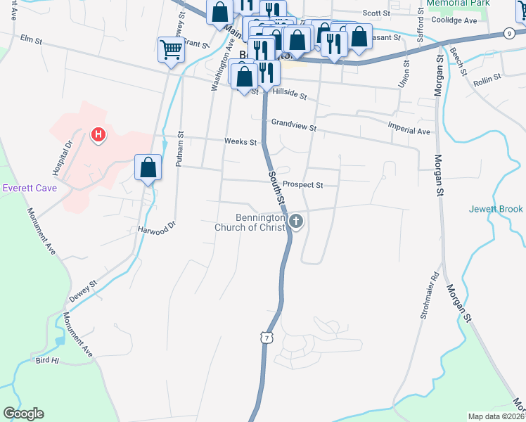 map of restaurants, bars, coffee shops, grocery stores, and more near 511 South Street in Bennington