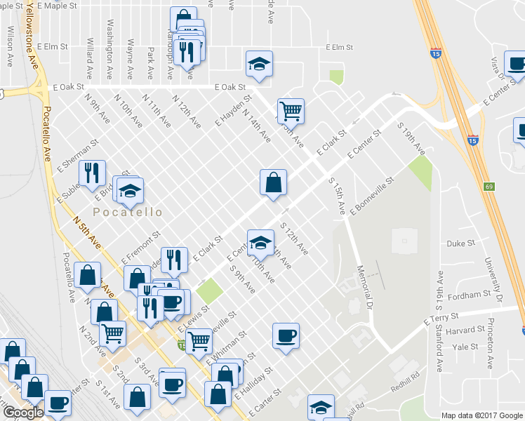 map of restaurants, bars, coffee shops, grocery stores, and more near 145 N 12th Ave in Pocatello
