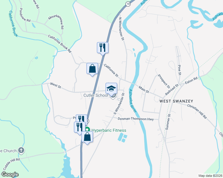 map of restaurants, bars, coffee shops, grocery stores, and more near 19 West Street in Swanzey