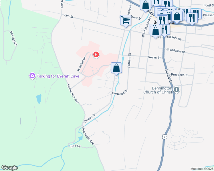 map of restaurants, bars, coffee shops, grocery stores, and more near 26 Knoll Crest Lane in Bennington