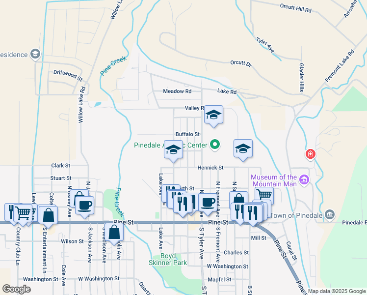map of restaurants, bars, coffee shops, grocery stores, and more near 113 Beaver Street in Pinedale
