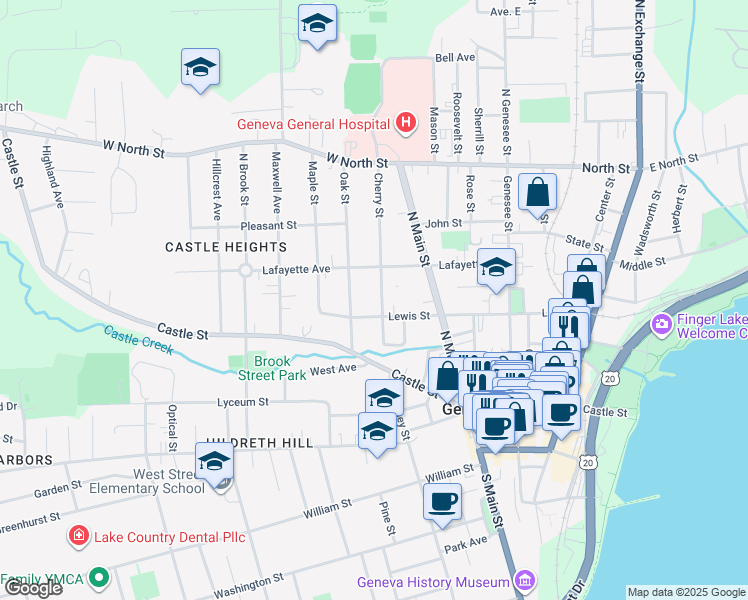 map of restaurants, bars, coffee shops, grocery stores, and more near 121 Cherry Street in Geneva
