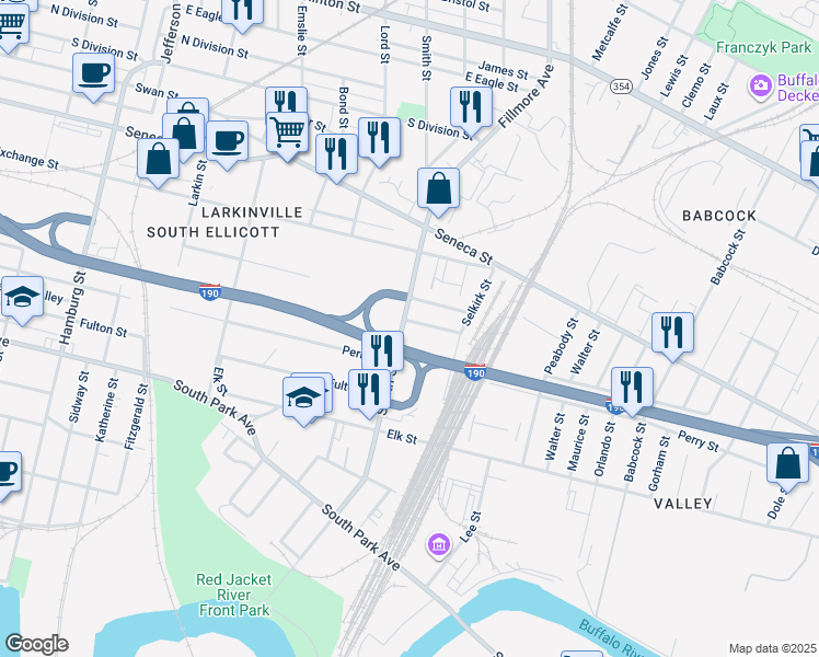 map of restaurants, bars, coffee shops, grocery stores, and more near 11 Clifford Street in Buffalo