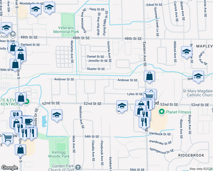 map of restaurants, bars, coffee shops, grocery stores, and more near 5097 Heyboer Avenue Southeast in Kentwood