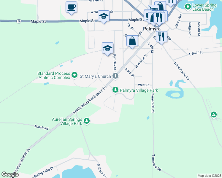 map of restaurants, bars, coffee shops, grocery stores, and more near 115 Carriage Way in Palmyra