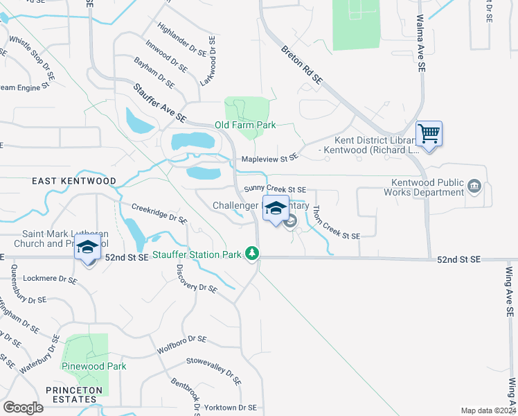 map of restaurants, bars, coffee shops, grocery stores, and more near 5080 Stauffer Avenue Southeast in Kentwood